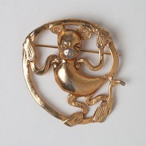 Vintage Signed Alva Studios Monkey Brooch Aztec Inspired Gold Tone Statement Pin